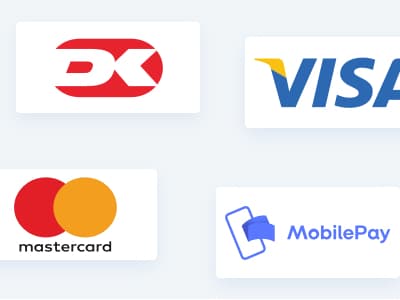 Logos for Dankort, VISA, Mastercard, Mobilepay and more